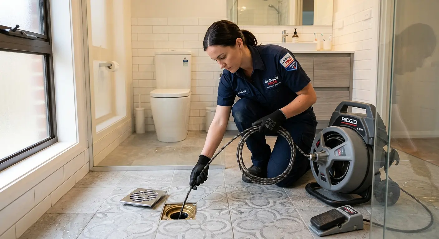 Technician clearing a bathroom floor drain for Hydro Jetting in Lake Mary